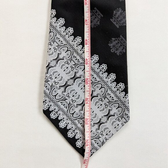Vintage Wembley Wemlon Crown Print 70's Black & Silver Necktie - Picture 9 of 10